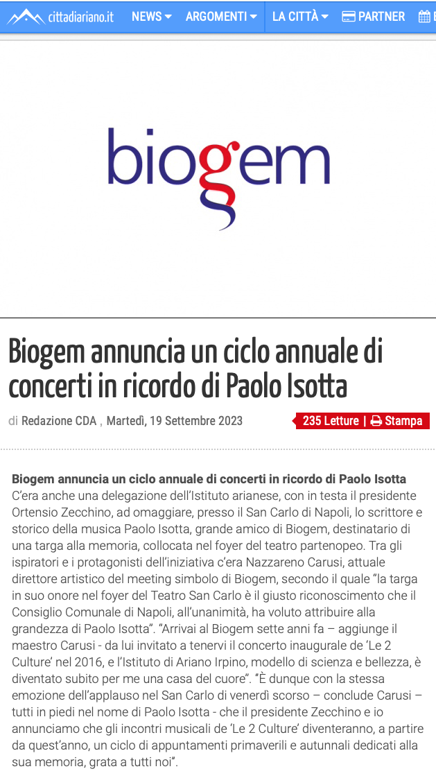 Biogem annuncia un ciclo annuale di concerti in ricordo di Paolo Isotta